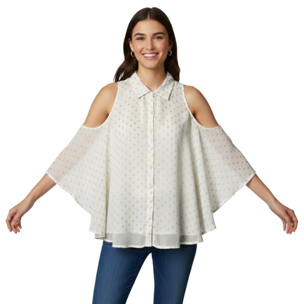 Catherine Malandrino Cream Gold Cold Shoulder Blouse M Romantic, Classic